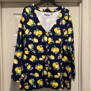 Whimsical Romantic Playful Blue Lemon Print Artsy Effortless Button Down 2XL